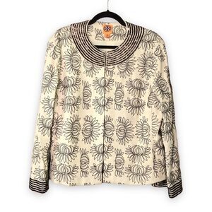 Tory Burch Embroidered Beaded Linen Jacket Tan Size 14 FLAWED